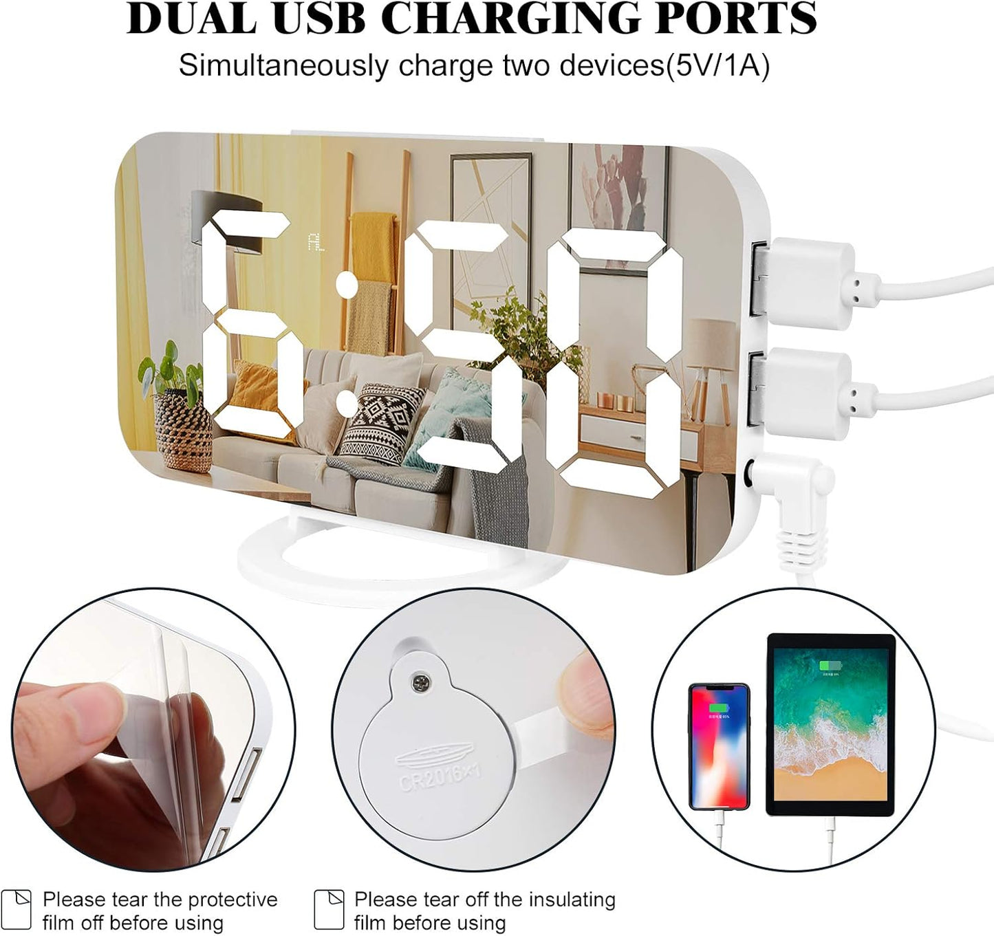 Digital Alarm Clock,Large LED Mirror Display, 2 USB Charging Ports，Auto Dim Mode，Modern Design Clock for Bedroom Office, White