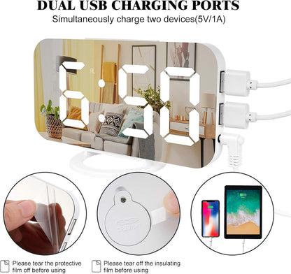 Digital Alarm Clock,Large LED Mirror Display, 2 USB Charging Ports，Auto Dim Mode，Modern Design Clock for Bedroom Office, White