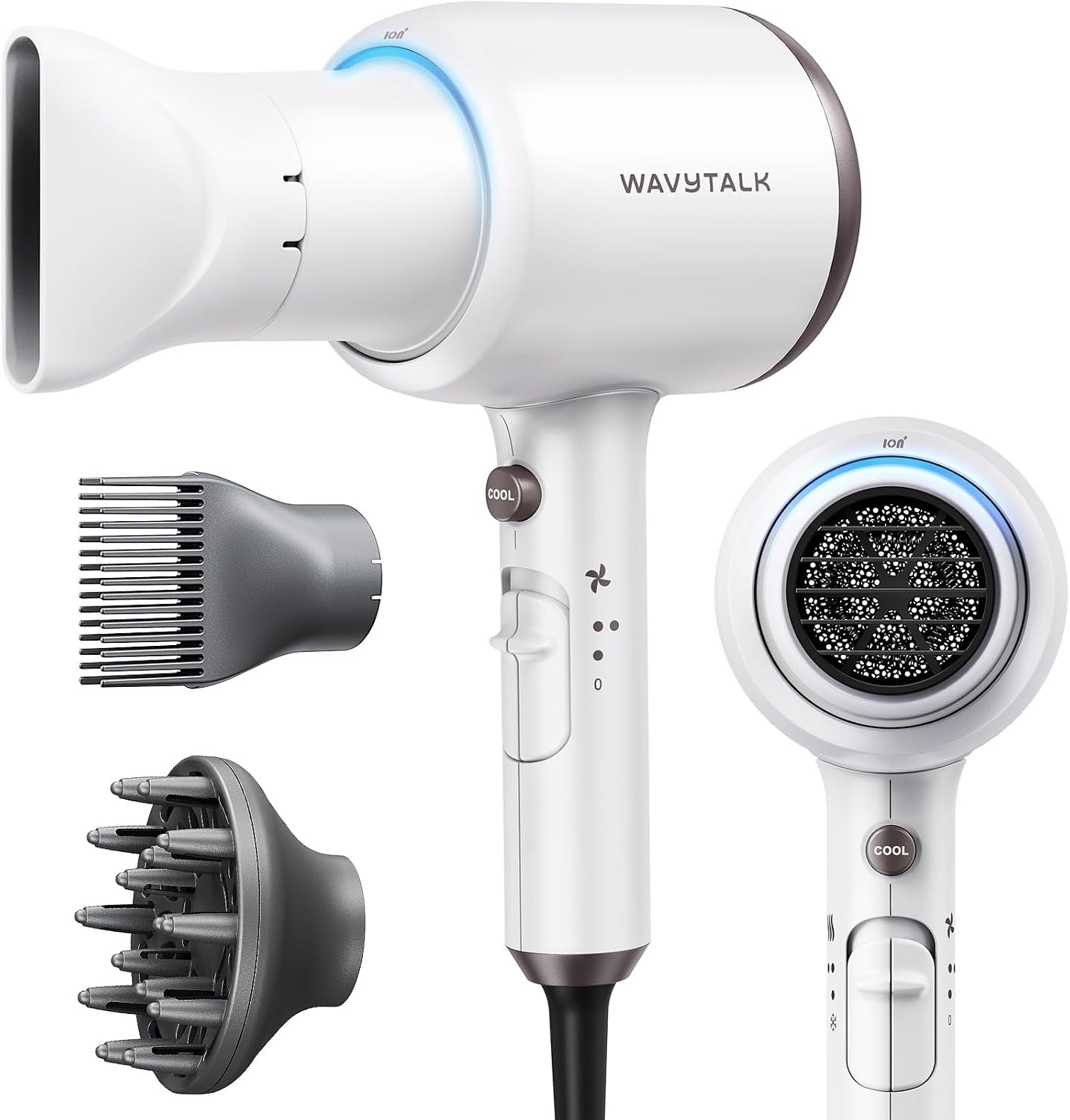 Wavytalk Hair Dryer with Diffuser, Blown Away Ionic Blow Dryer | 1875W Fast Drying, 3 Attachments for All Hair Types, Ceramic Technology, Compact Design, Lightweight and Quiet