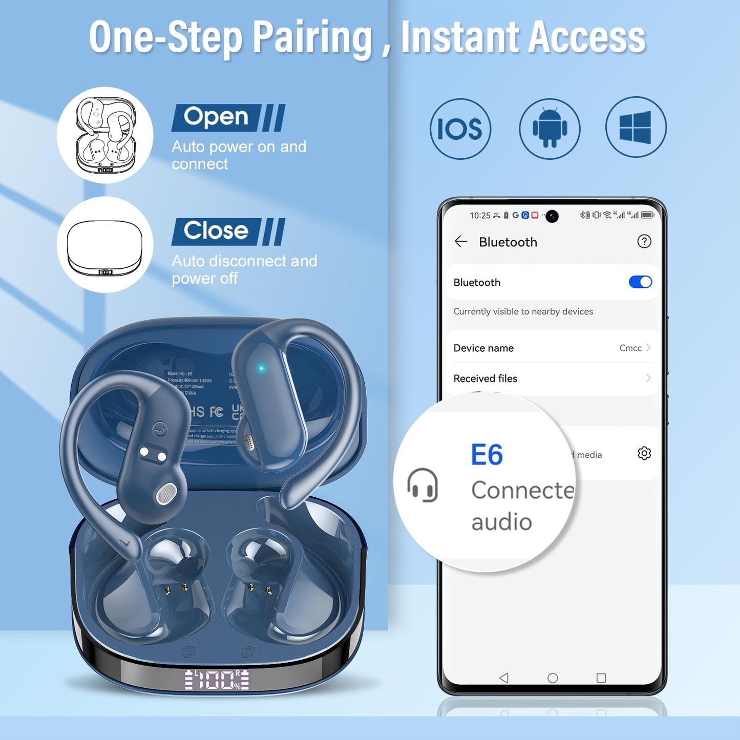 Open Ear Headphones, Bluetooth 5.4 Wireless Earbuds with HD Clear Calls, 32Hrs Immersive Stereo Air Conduction Earphones with Earhooks, LED Display, IPX7 Lightweight Open Ear Buds for Sports Blue