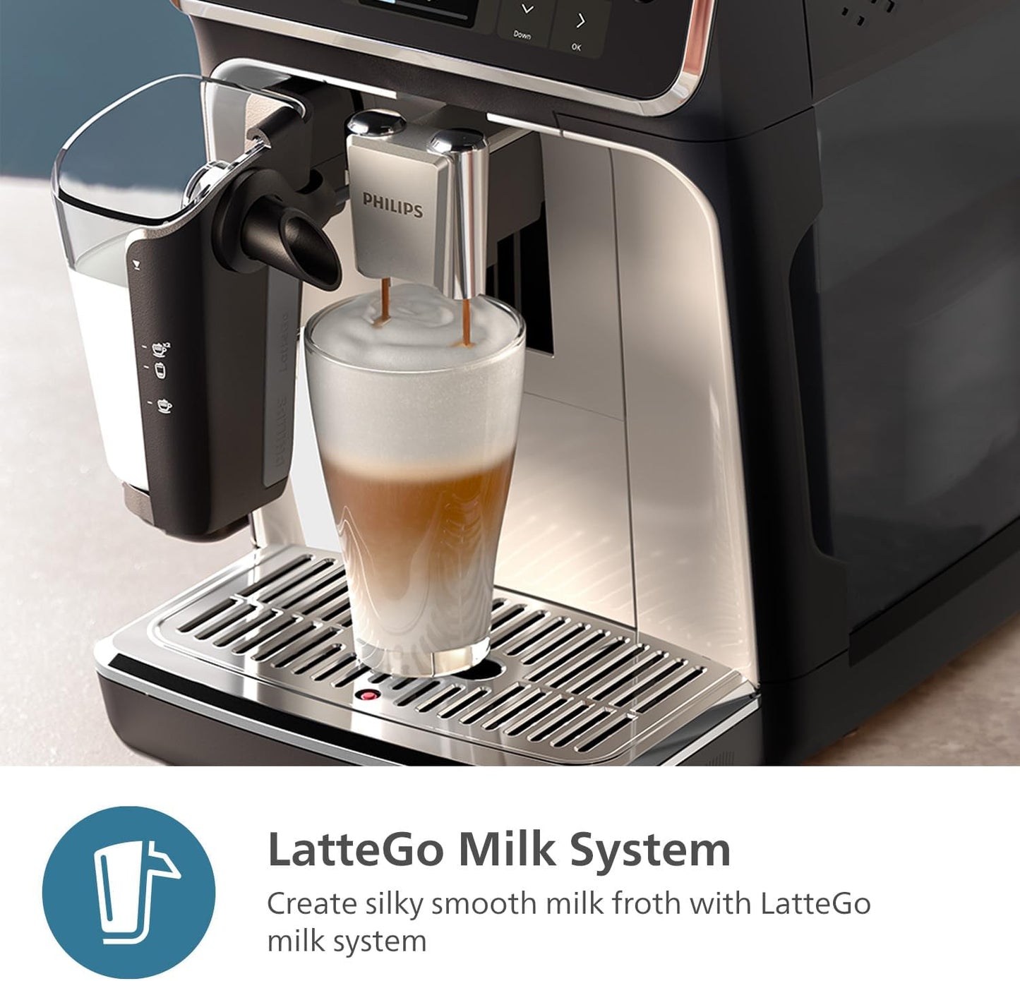 PHILIPS 5500 Series Fully Automatic Espresso Machine - LatteGo Milk System, 20 Coffee Varieties, Intuitive Touch Display, SilentBrew, 100% Ceramic Grinder, AquaClean Filter, Grey Chromed (EP5544/90)