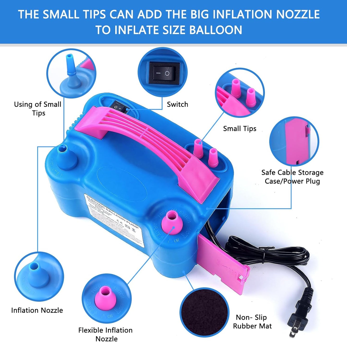 Electric Balloon Pump,Balloon Inflator, Dual Nozzle Electric Air Pump,Balloon Pump Balloons Blower 110V 600W for Party Decoration with Gifts:2 Balloon Tying Tools (Rose red)