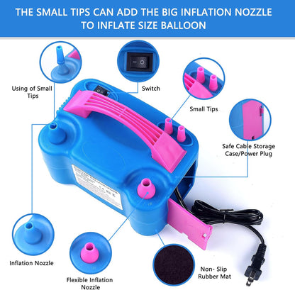 Electric Balloon Pump,Balloon Inflator, Dual Nozzle Electric Air Pump,Balloon Pump Balloons Blower 110V 600W for Party Decoration with Gifts:2 Balloon Tying Tools (Rose red)