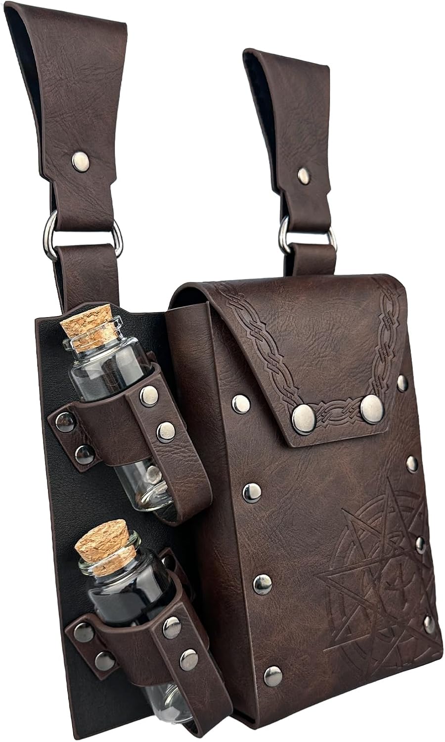 HiiFeuer Medieval Alchemy Faux Leather Belt Bag with 4 Cork Potion Vials,Fantasy Wizard Waist Pouch Side Pack for Halloween
