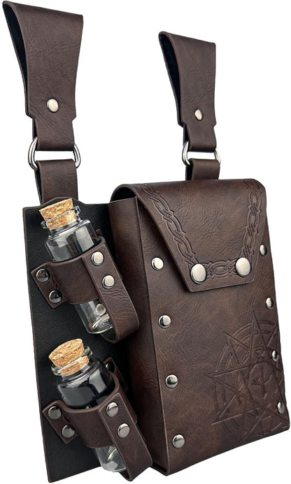 HiiFeuer Medieval Alchemy Faux Leather Belt Bag with 4 Cork Potion Vials,Fantasy Wizard Waist Pouch Side Pack for Halloween