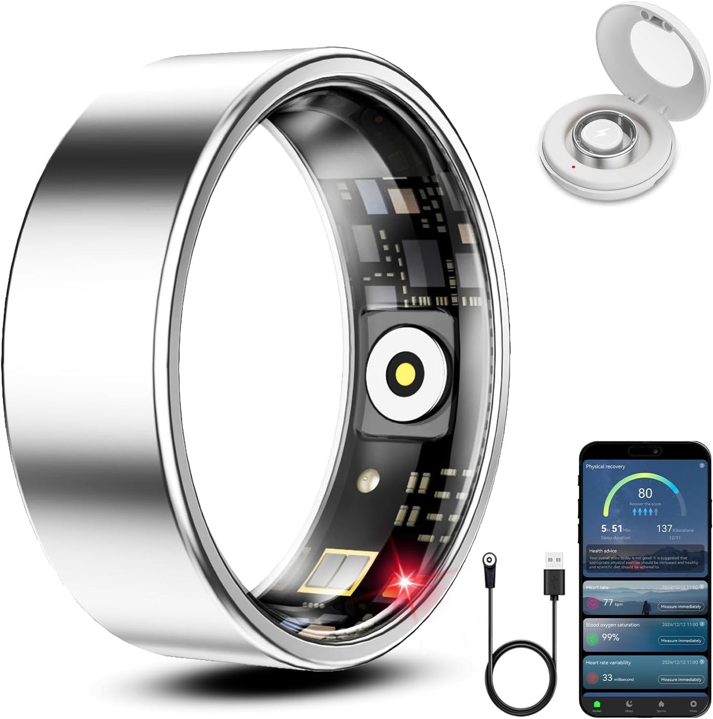 Classic Smart Ring, Health & Heart Rate Tracker (Silver, #10) | Sleep Monitoring, Long Battery Life, Waterproof Design, Charging Case & Cable, iOS & Android Compatibility