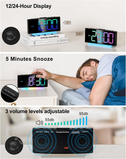 YUNJAYI Kids Alarm Clock for Bedroom, Dynamic RGB LED Digital Clock Large Display with 7 Color Night Lights, Dual Alarm Clocks Bedside, Snooze, 4 Levels Brightness, 3 Volume, 12/24H, Power-Off Memory