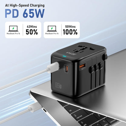 VYLEE Universal Travel Adapter, 65W Fast GaN International Power Adapter, 3PD USB-C+1QC USB-A European Travel Plug Adapter, US, UK, EU, AU Worldwide Travel Charger for Laptops, Tablets, Phones