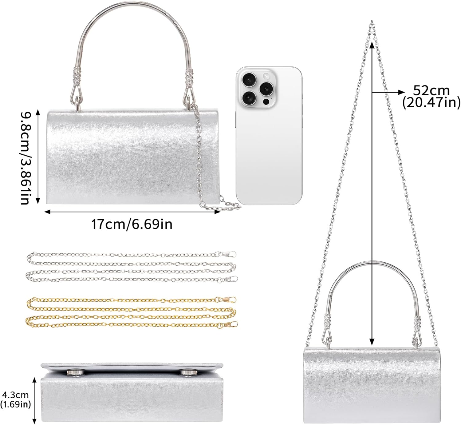 Larcenciel Clutch Purses for Women, Elegant Metallic Silver Evening Handbags with 2 Chain Straps, Fashion Vegan Leather Ladies Party Bags for Prom Wedding Cocktail Club Formal Events Nights Out, Small - PuriLite