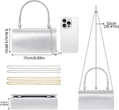 Larcenciel Clutch Purses for Women, Elegant Metallic Silver Evening Handbags with 2 Chain Straps, Fashion Vegan Leather Ladies Party Bags for Prom Wedding Cocktail Club Formal Events Nights Out, Small - PuriLite