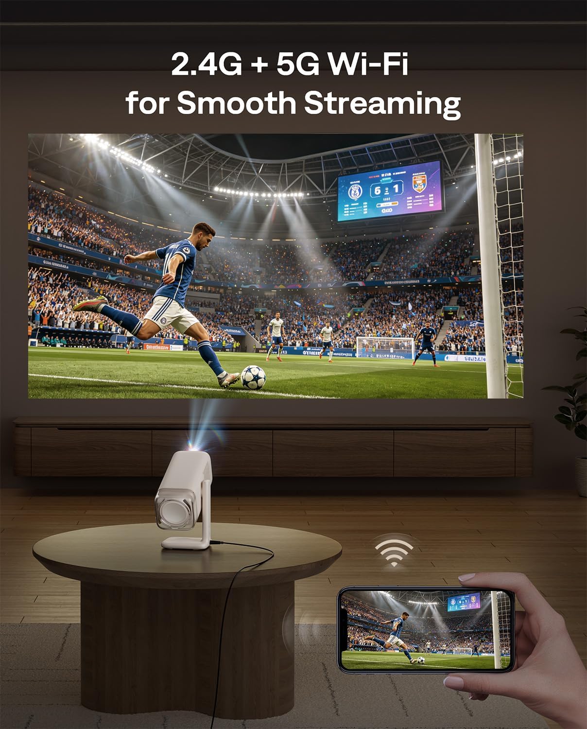 Aurzen Boom Air Google TV Mini Projector with USB-C Powered, Off-White | Portable Projector with Real-Time Focus, Dolby Audio, 4K Supported, Flexible Stand, WiFi and Bluetooth, for Outdoor & Home