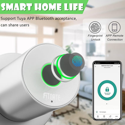 FITNATE Fingerprint Door Knob, Smart Biometric Door Lock with App Control, Keyless Entry Door Knob with Bluetooth Digital Code, Touch to Open Knob for Bedroom,Home,Hotel,Office, Black