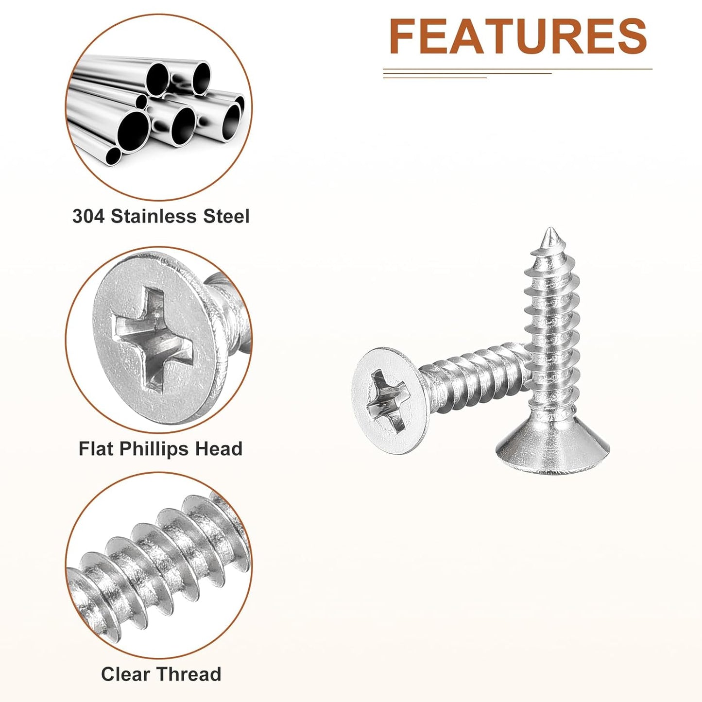 DTGN 100Pcs #6x1/2 Flat Head Wood Screws, 304 Stainless Steel Phillips Self Tapping Screws - Good for Woodworking, Furniture - Silver