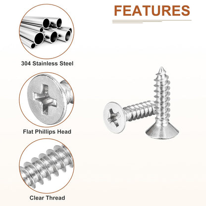 DTGN 100Pcs #6x1/2 Flat Head Wood Screws, 304 Stainless Steel Phillips Self Tapping Screws - Good for Woodworking, Furniture - Silver