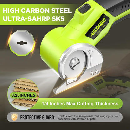 Cordless Electric Scissors: 4V Rechargeable Rotary Cardboard Cutter, 3000mAh Battery, with LED Light & Safety Lock, 2 Blades, Electric Box Cutter for Fabric Carpet Carton Plastic Leather Cloth