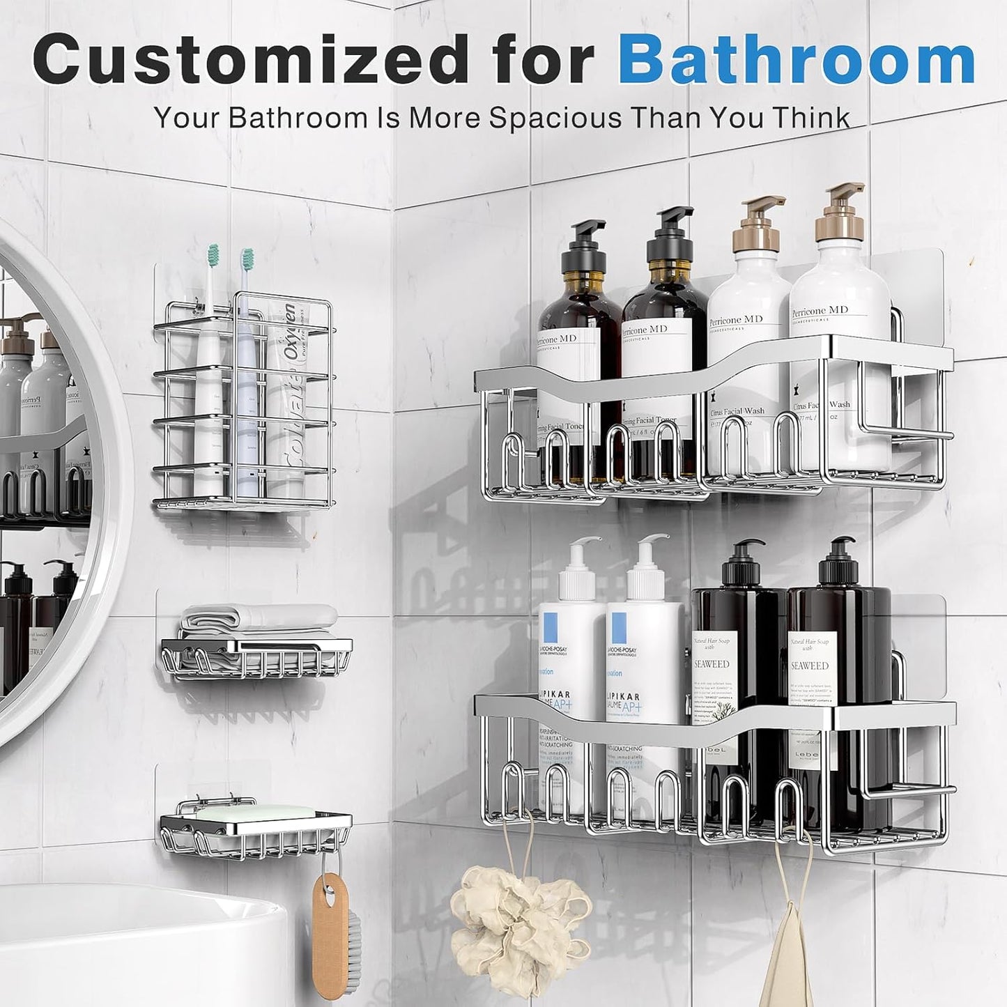 EUDELE 5-Pack Rustproof Stainless Steel Shower Caddy – No Drill Adhesive Bathroom Organizer with Large Capacity, Spacious Shower Shelves for Inside Shower, Kitchen & Home Decor Storage