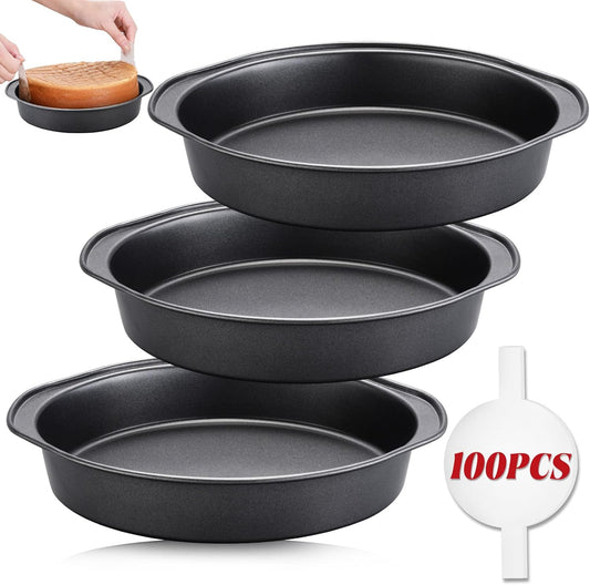 Unokit Round Cake Pan - 3 PCS 8 Inch Carbon Steel Cake Baking Pans with 100 PCS Parchment Paper, Nonstick Cake Pans with Handle, Dishwasher Safe