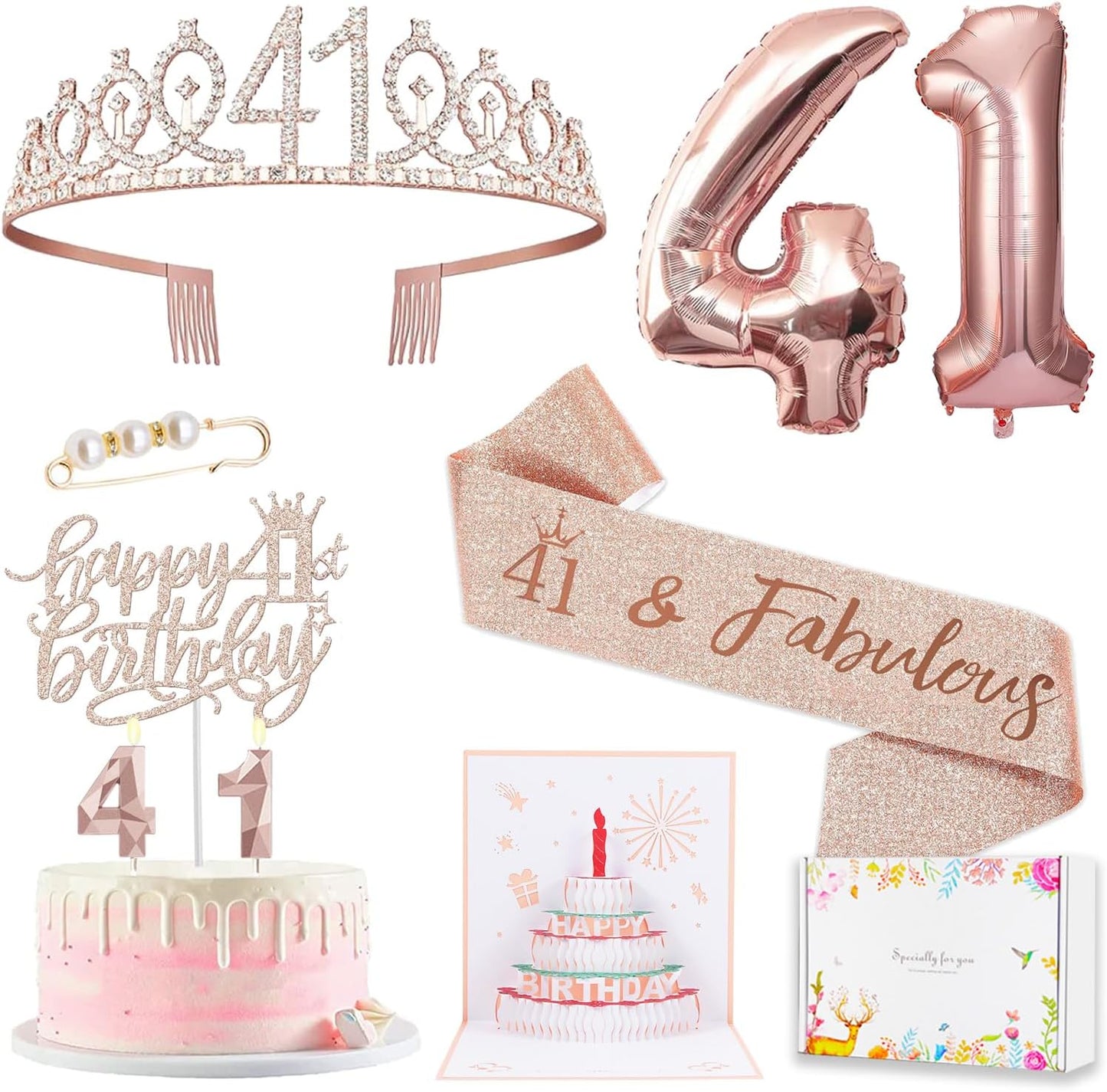 8pcs 40th Birthday Decorations gifts for Women, Including 40th Happy Birthday Cake Topper, Queen Sash with Pearl Pin, Sweet Rhinestone Tiara Crown for Women, Number Candles and Balloons (Rose Gold)