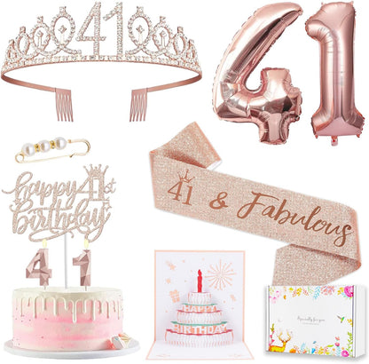 8pcs 40th Birthday Decorations gifts for Women, Including 40th Happy Birthday Cake Topper, Queen Sash with Pearl Pin, Sweet Rhinestone Tiara Crown for Women, Number Candles and Balloons (Rose Gold)