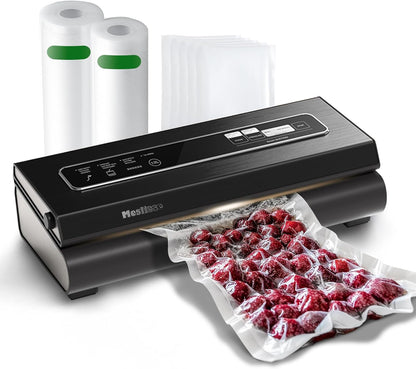 Mesliese 6-in-1 Vacuum Sealer, 2 Bag Rolls & 5 Pre-cut Bags, Dry/Moist Modes | Gray, 90kPa Compact Vacuum Food Sealing Machine, Smart Suction, Stainless Steel Panel, External Vacuum for Jars, Cutter