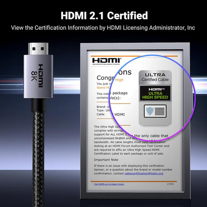 UGREEN 10K 8K HDMI 2.1 Cable 48Gbps 10FT, Certified 8K@60Hz 4K@120Hz 144Hz High Speed Gaming Cable Braided Cord, eARC HDCP 2.3 Dynamic HDR Compatible for HDTV/PS5/Xbox/SoundBar/RTX3090/Blu-ray