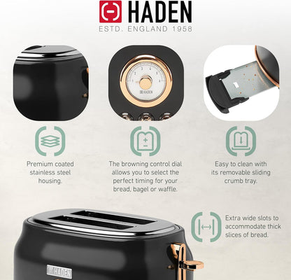 Haden Dorset 75083 Stainless Steel 1500W Retro Toaster 4 Slice Wide Slot w/Removable Crumb Tray and Settings, Black/Copper Toasters w/Adjustable Browning Control, Smart Toaster