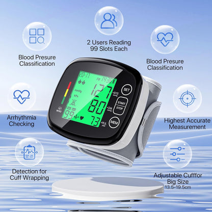 Blood Pressure Monitor for Home Use,Wrist Blood Pressure Machine Automatic Digital LCD Display Blood Pressure Machine Adjustable Wrist Cuff 5.3-7.67" 99x2 Sets Memory with Carrying Case for Home Use