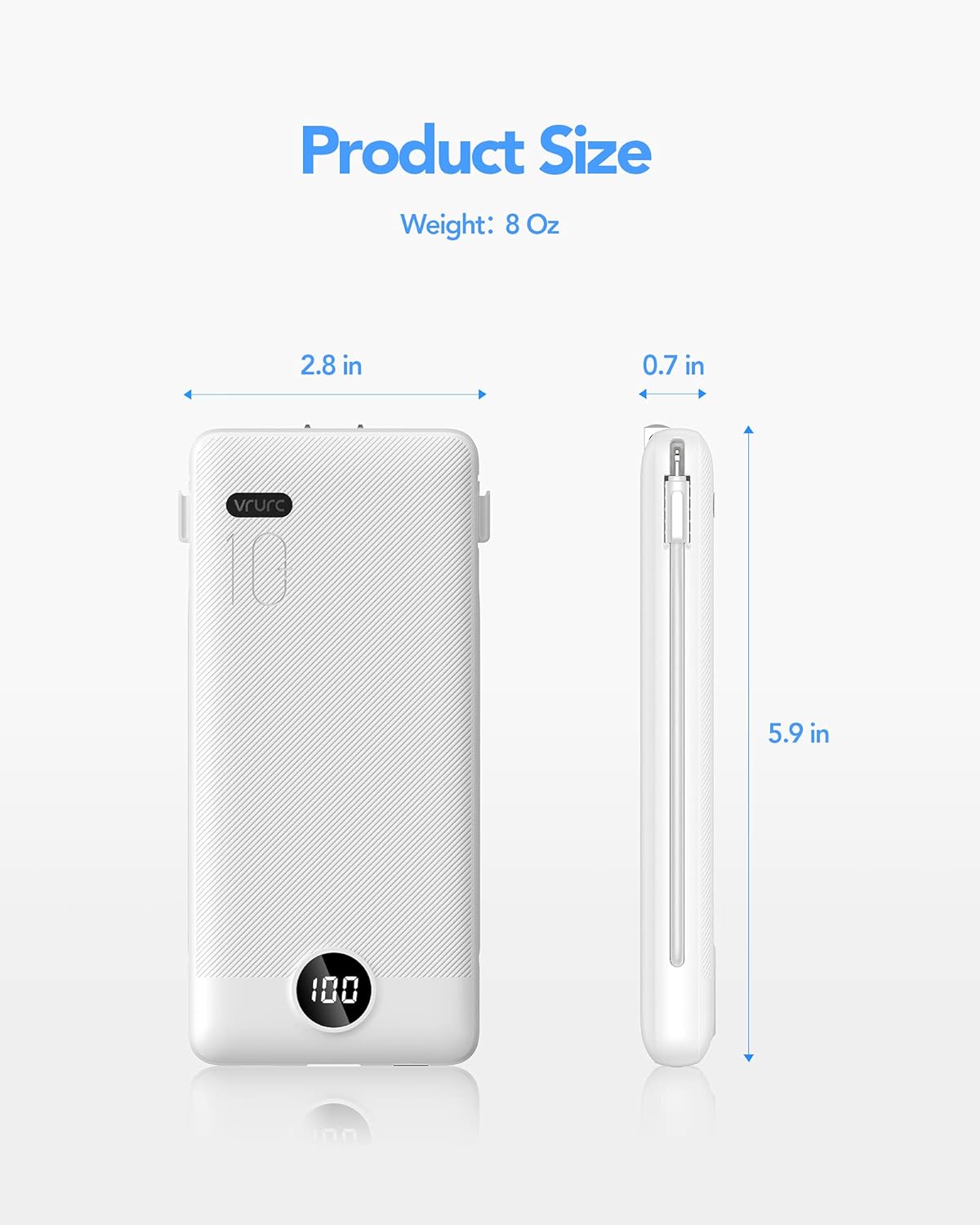 Portable Charger for iPhone, 10000mAh Power Bank with Built-in Cables & AC Wall Plug, USB C Phone Charger 5 Output External Battery Pack Compatible with iPhone Samsung Google Pixel Android -White