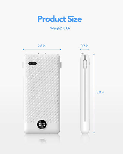 Portable Charger for iPhone, 10000mAh Power Bank with Built-in Cables & AC Wall Plug, USB C Phone Charger 5 Output External Battery Pack Compatible with iPhone Samsung Google Pixel Android -White
