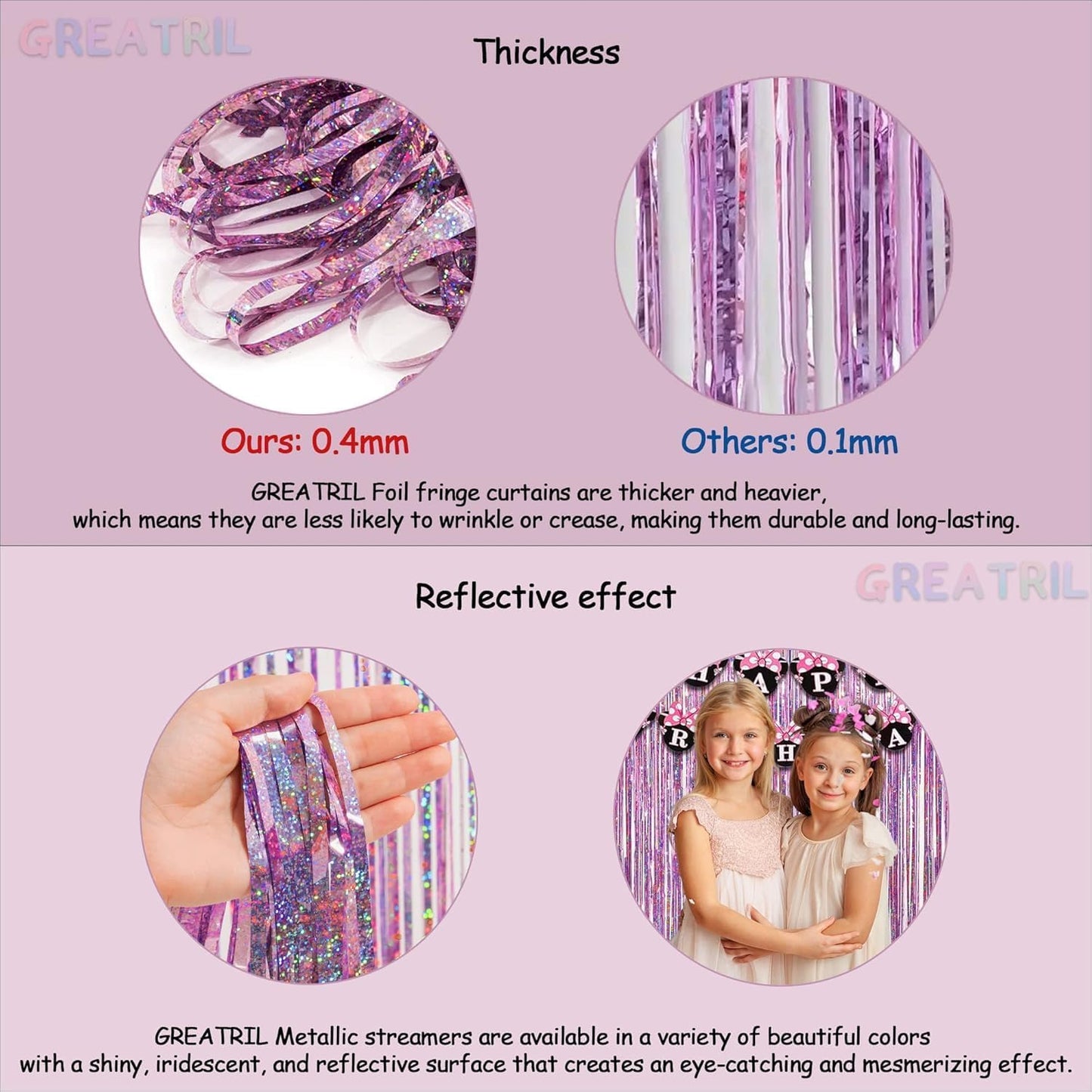 GREATRIL Iridescent Party Tinsel Fringe Backdrop Decorations - Holographic Foil Streamers Curtain for Mermaid/Under The Sea/Frozen/Ocean/Disco/Birthday Themed 3.2ft x 6.5ft - 2 PCS