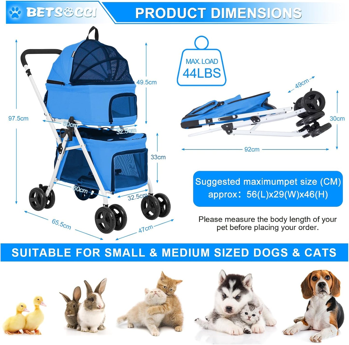 Double Pet Stroller with Detachable Carrier for Medium Small Dogs and Cats, Foldable 3-in-1 Cat Stroller with 4 Wheels Lightweight for 2 Dogs or Cats Light Blue