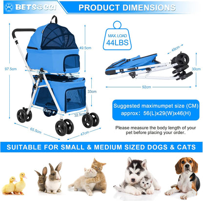 Double Pet Stroller with Detachable Carrier for Medium Small Dogs and Cats, Foldable 3-in-1 Cat Stroller with 4 Wheels Lightweight for 2 Dogs or Cats Light Blue