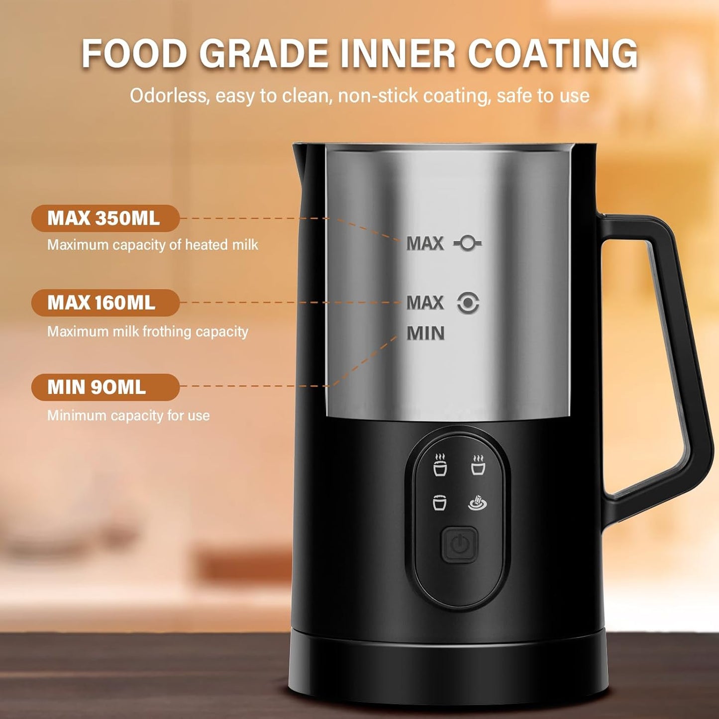 BEAUGIREW 4 in 1 Milk Frother Electric Milk Frother and Steamer with Hot and Cold 350 ml/11.8 oz Coffee Frother Automatic Foam Maker with Cleaning Brush for Latte Cappuccino Macchiato Hot Chocolate