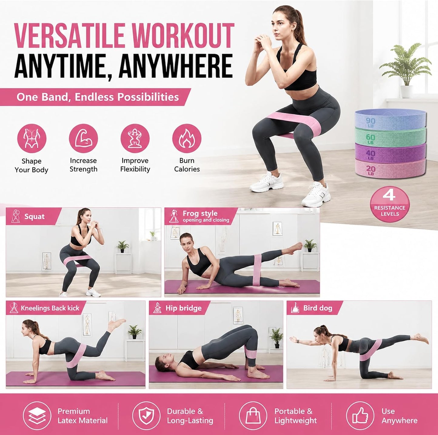 Fabric Resistance Bands Set for Women & Men, 4 Pack Workout Booty Bands | 4 Resistance Levels Exercise Bands, Built in Silicone Non-Slip, For Glutes, Legs, Squats, Yoga, Pilates and Strength Training