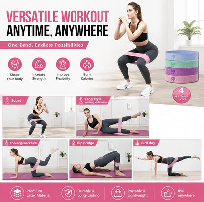 Fabric Resistance Bands Set for Women & Men, 4 Pack Workout Booty Bands | 4 Resistance Levels Exercise Bands, Built in Silicone Non-Slip, For Glutes, Legs, Squats, Yoga, Pilates and Strength Training