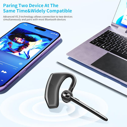 Wireless Headset Bluetooth Earpiece with Dual Noise Canceling Microphone Hands Free Headphones Single Ear Earphone Over Ear Earbud for iPhone Samsung Android Cellphones TV PC Trucker Game Work
