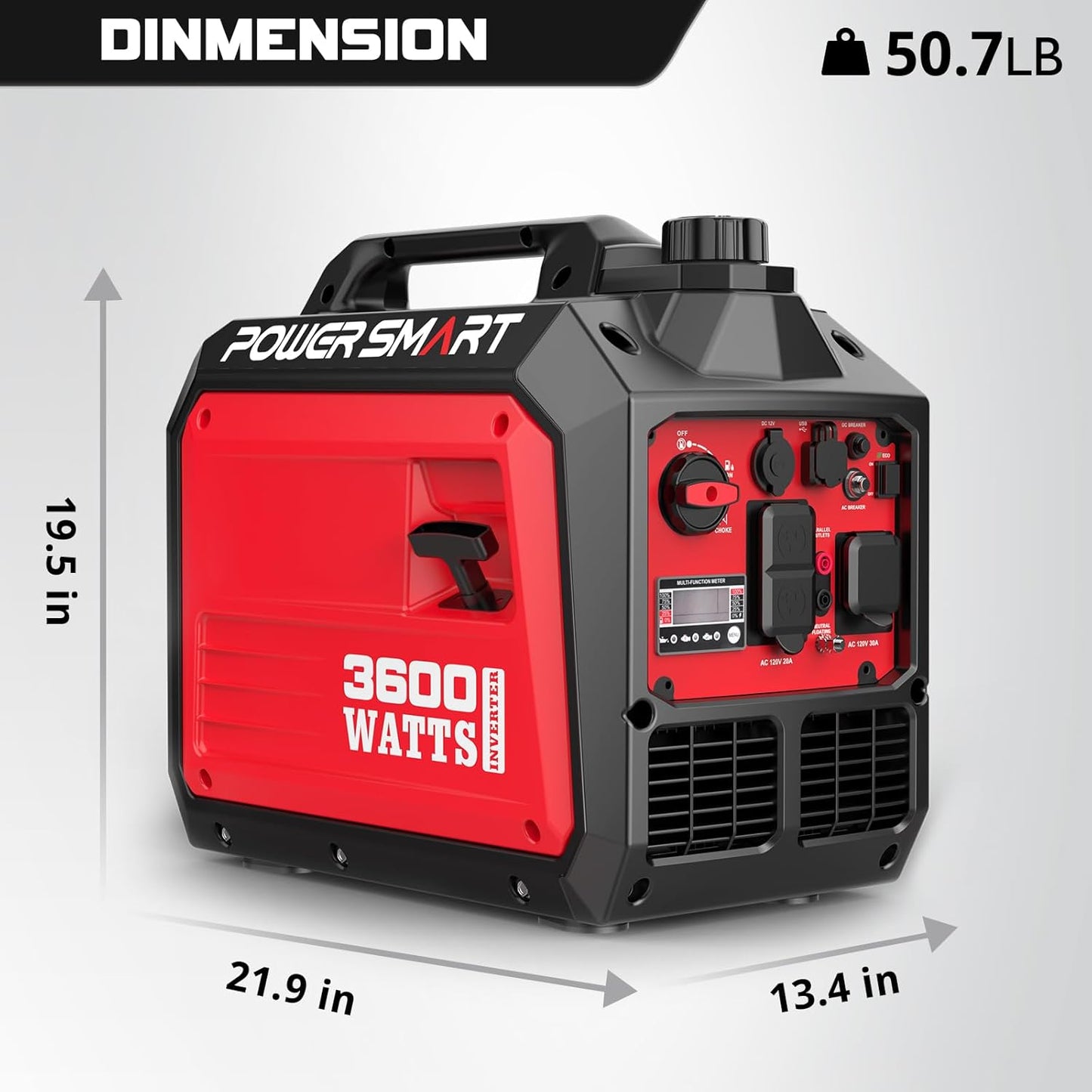 PowerSmart 3600W Portable Inverter Generator, Whisper Quiet Generator for Home Use, Camping, RV Ready, Gas Powered, Black & Red, Lightweight & Compact Design