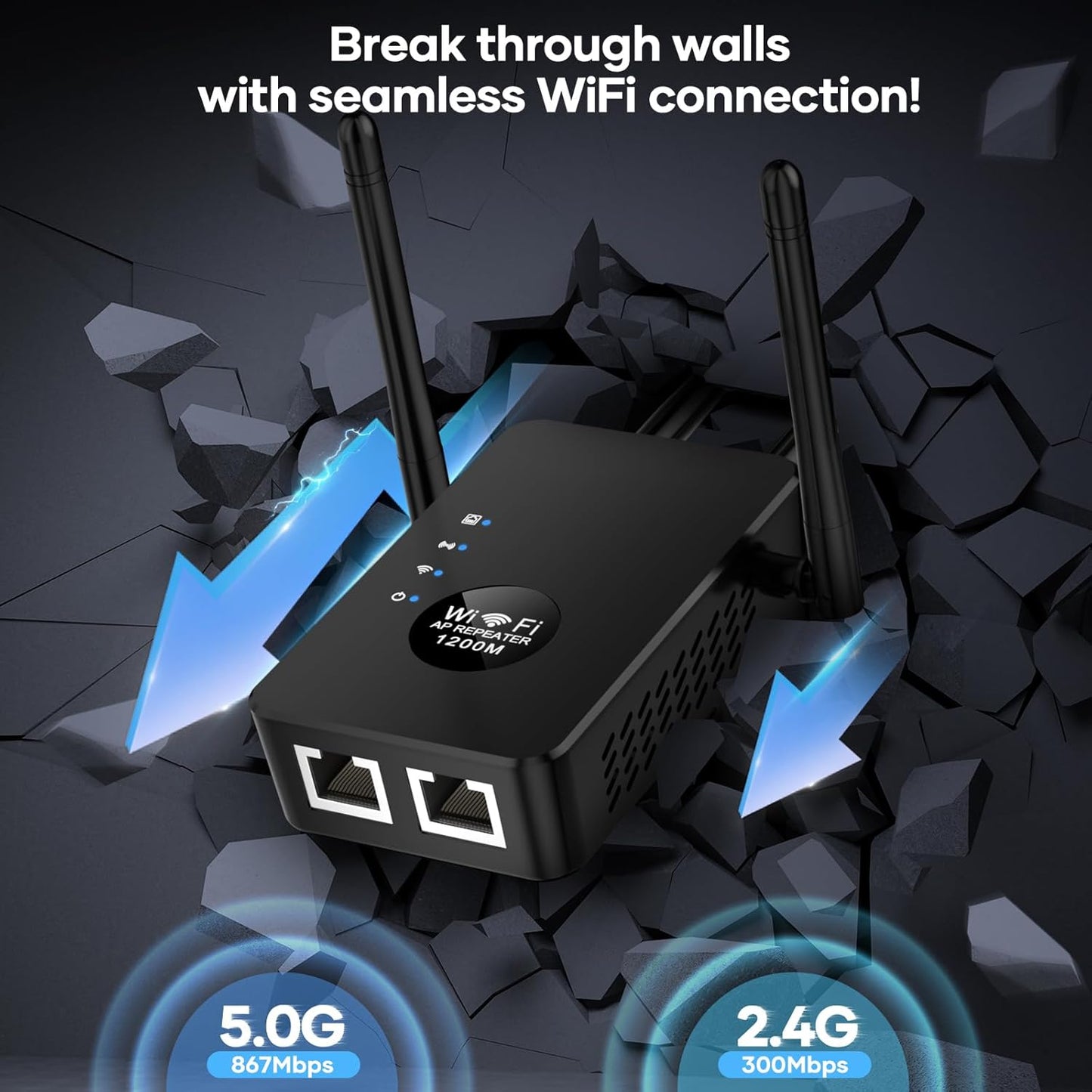 1200Mbps Dual Band (5GHz/2.4GHz) WiFi Extender,WiFi Repeater Covers Up to 12880Sq.ft and 60 Devices,WiFi Booster with Ethernet Port for Home Wireless Signal Booste,Internet Repeater