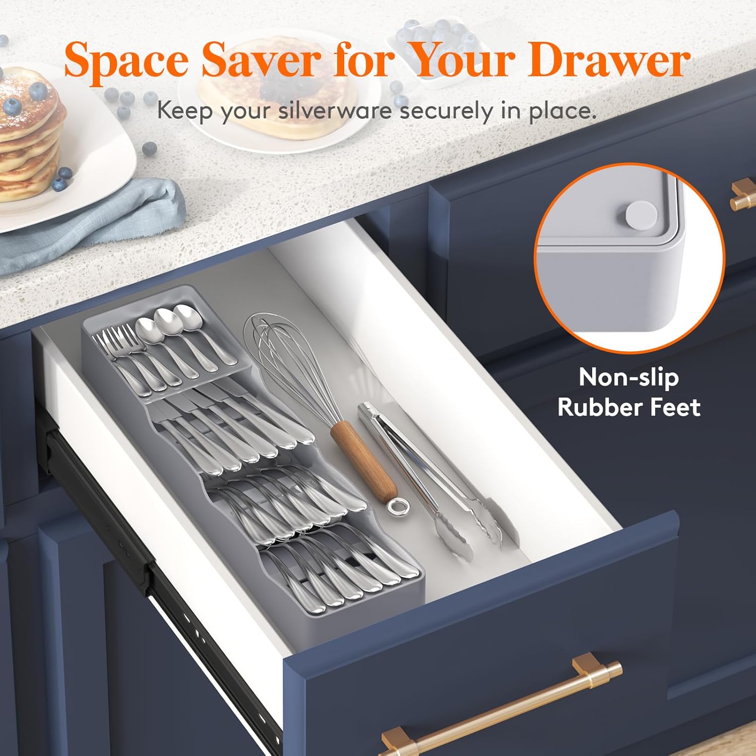 Compact Flatware Drawer Organizer, Narrow Silverware Tray for Kitchen Utensils, Gray Plastic Cutlery Holder for Spoons, Forks, and Knives - PuriLite
