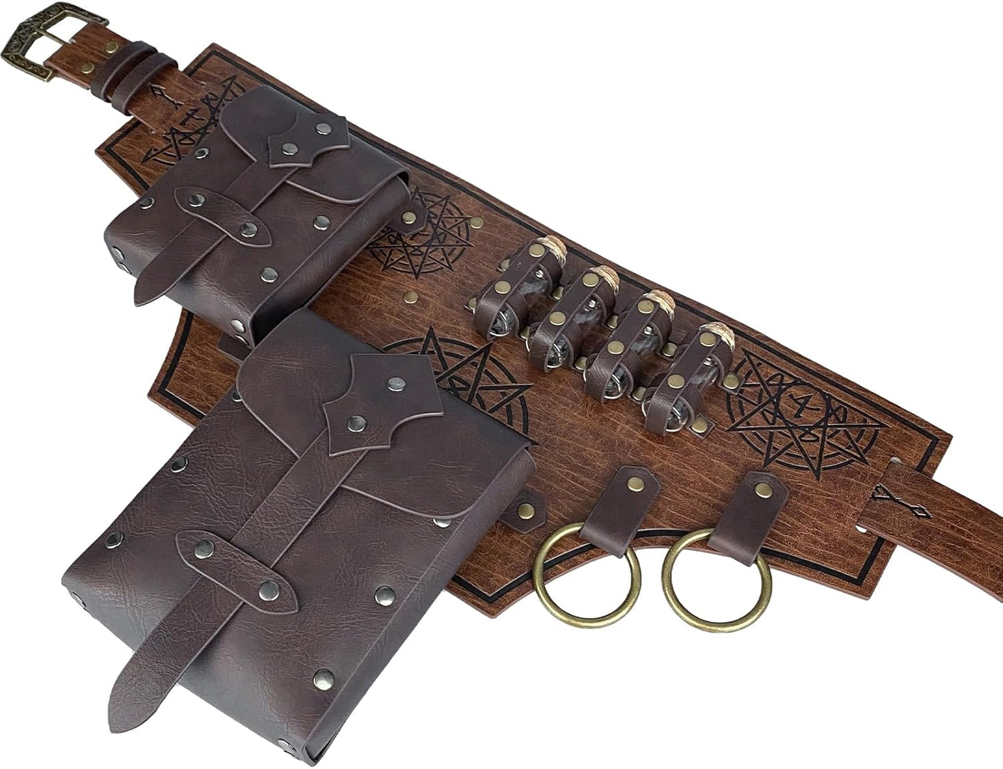 HiiFeuer 4 PCs Medieval Alchemy Belt Costume, Fantasy Faux Leather Wizard Potion Holder Belt with 4 Cork Vials and Belt Bag