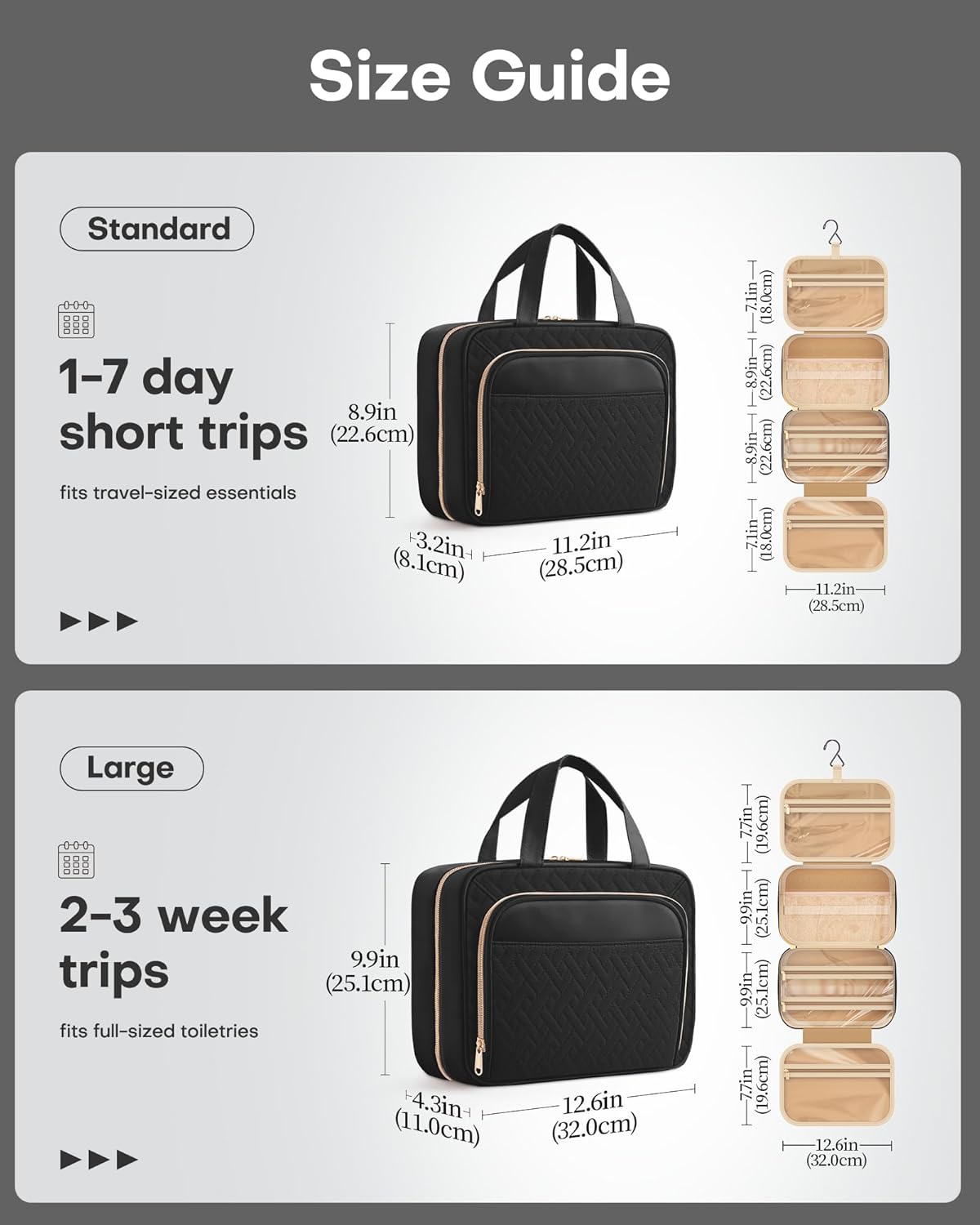 HOTOR Travel Toiletry Bag for Women - Spacious Toiletry Bag for Men, Waterproof Makeup Bag with Hanging Hook and Multiple Pockets, Travel Accessories, Travel Essentials, Black, Medium