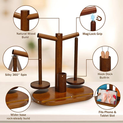 Wooden Yarn Holder for Crocheting and Knitting (Brown) | Upgraded Magnetic Rotating Spinner with 2 Spindles, Ideal Gift for Craft Enthusiasts