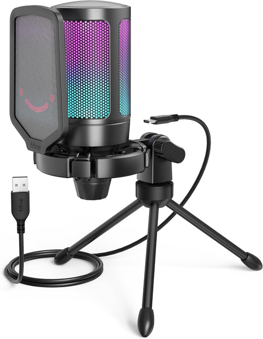 Fifine USB Gaming Microphone for Computer PC PS5, RGB Condenser Mic with Quick Mute, Gain Control, Tripod Stand, Pop Filter, Shock Mount, for Streaming Discord Twitch YouTube Videos-A6V