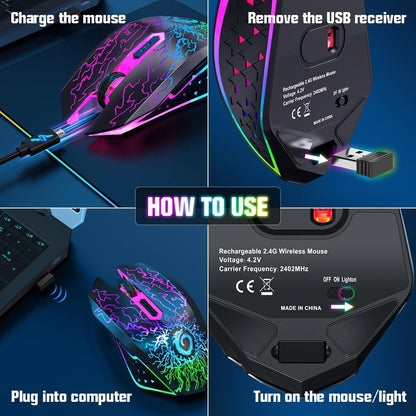 VersionTECH. Wireless Gaming Mouse Rechargeable Computer Mouse Mice Souris with Colorful LED Lights Silent Click 2.4G USB Nano Receiver 3 Level DPI for PC Gamer Laptop Desktop Chromebook Mac