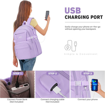 WINDARS Backpack for School Girls, Cute High School Backpacks for Teens Women Student Large Bookbag 15.6 Inch Laptop Bag with USB Charger Port for College Work Travel Trip (Beige Khaki)