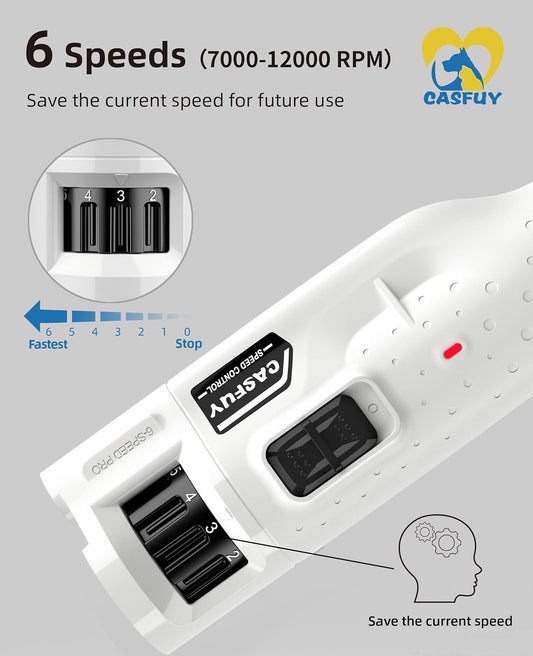Casfuy Dog Nail Grinder Quiet - (45db) 6-Speed Pet Nail Grinder with 2 LED Lights for Large Medium Small Puppy Dogs/Cats, Professional 3 Ports Rechargeable Electric Dog Nail Trimmer with Dust Cap(W) - PuriLite