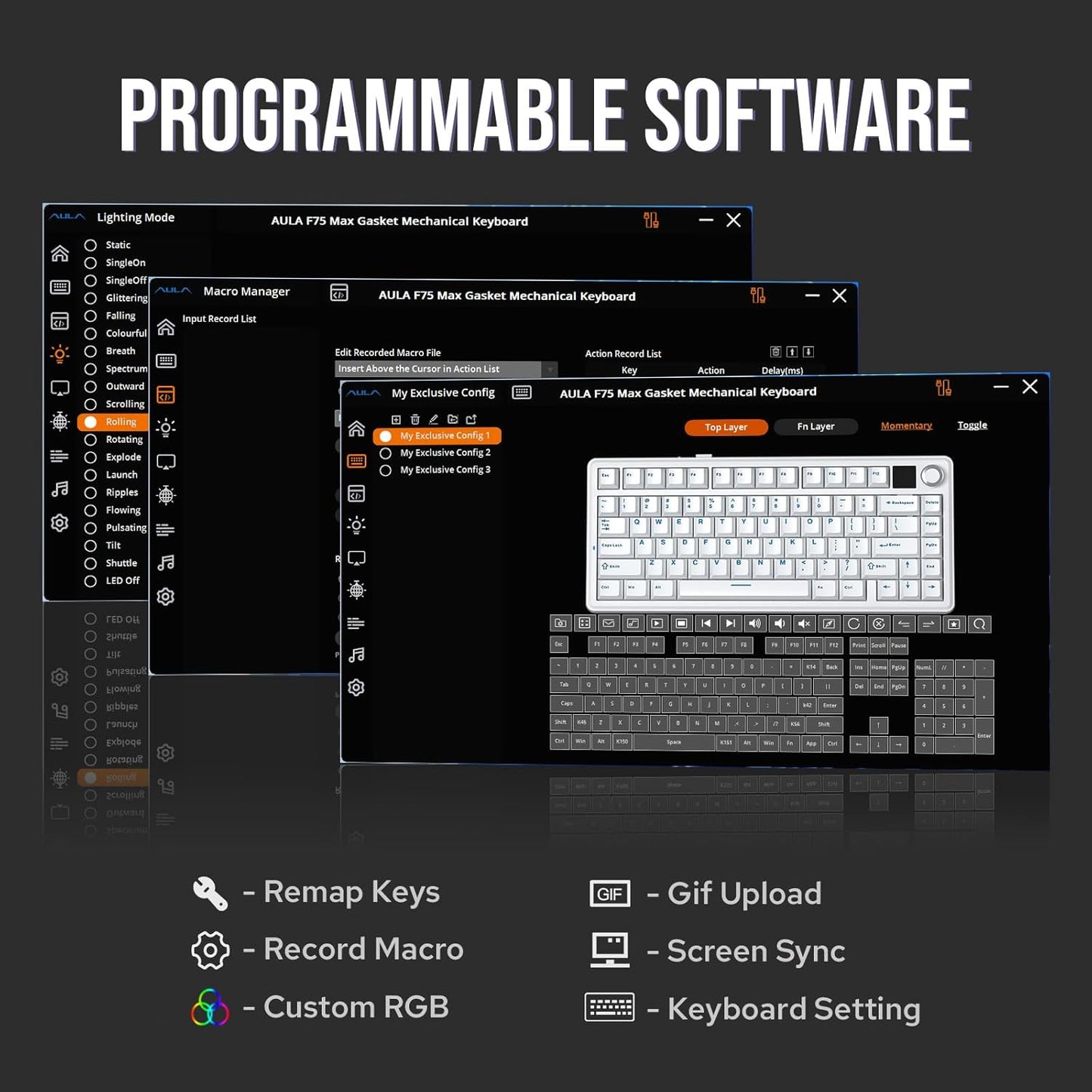 EPOMAKER X Aula F75 MAX Tri-Mode Wireless Gaming Keyboard, TFT Screen, Knob, Hot Swappable, 2.4GHz/Type-C/BT5.0, Gasket Creamy, for PC/Mac/Office/Gaming (Black Gradient)