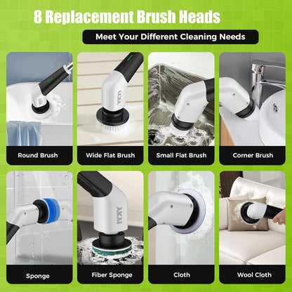 YKYI Electric Spin Scrubber,Cordless Electric Cleaning Brush,Shower Scrubber with 8 Replaceable Brush Heads,Power Scrubber 2 Adjustable Speeds,Bathroom Brush with Long Handle for Bathtub,Tile,Floor