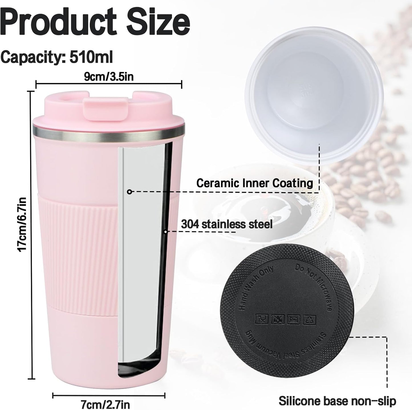 18oz Mug with Ceramic Coating Inside, Insulated Coffee Mug with Lid, Leak Proof Coffee Travel Mug, Travel Coffee Mug Fits in Car Cup Holder