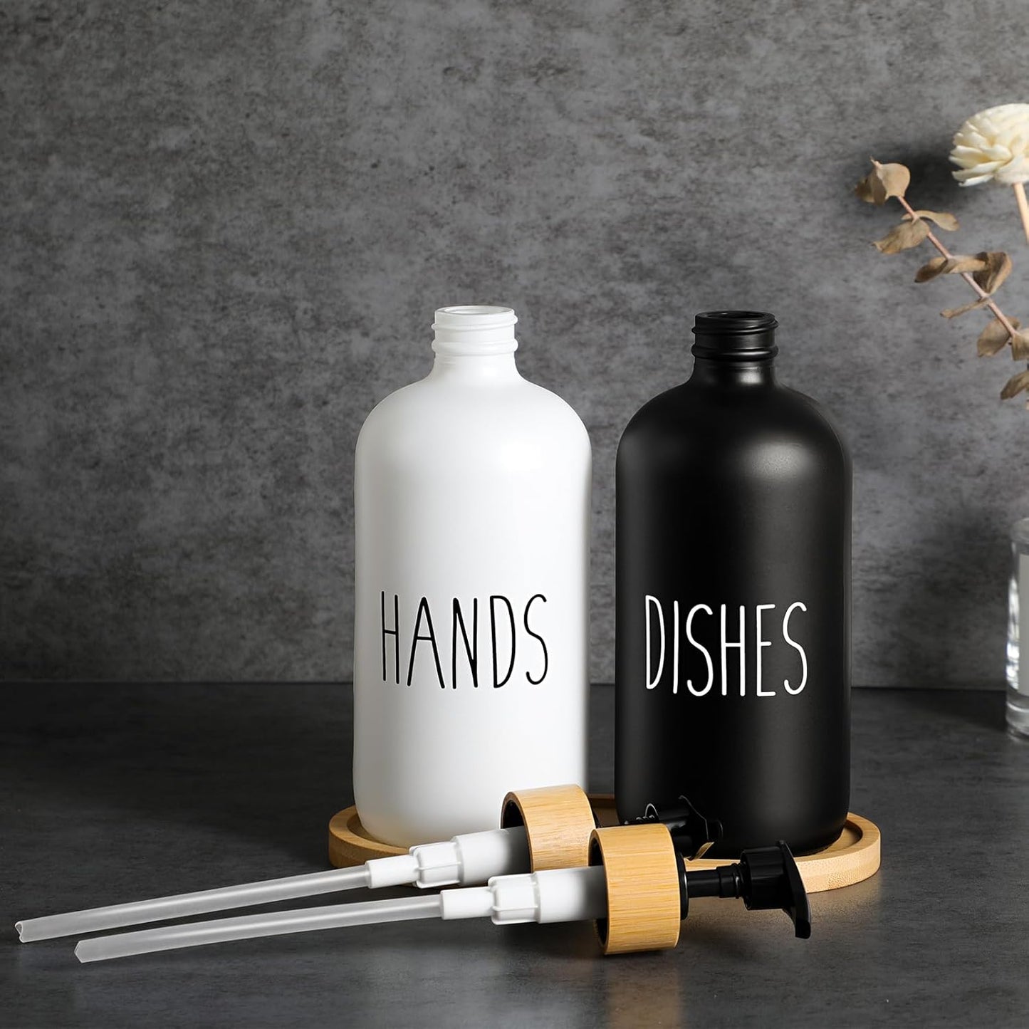 LIFEEZY Premium Quality Glass Soap Dispenser Set with Bamboo Tray - 2 pcs Hand & Dish Soap Dispenser for Rustic Kitchen Decor, Refillable Dispensers